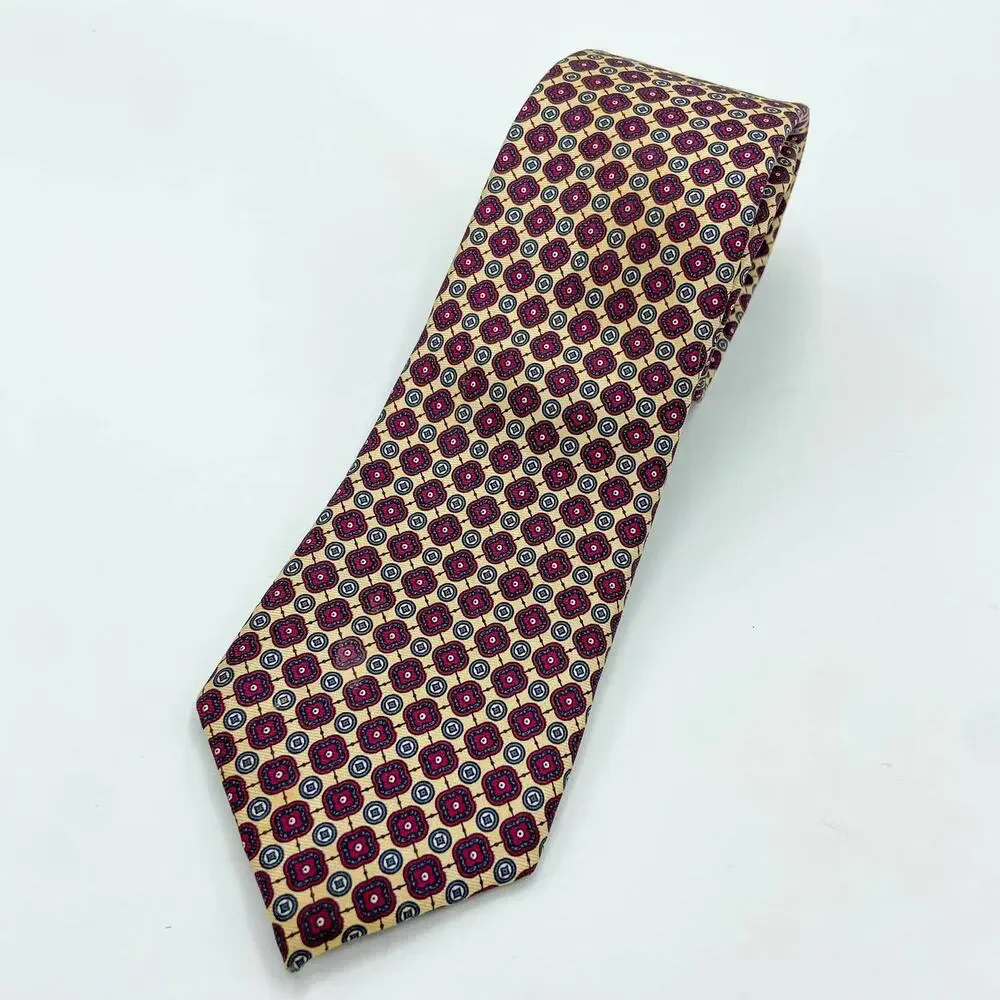 Oscar De La Renta Silk‎ Necktie Geometric Foulard Burgundy Beige